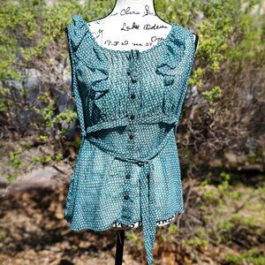 Apostrophe Teal & Black Polka Dot Ruffle Front Blouse